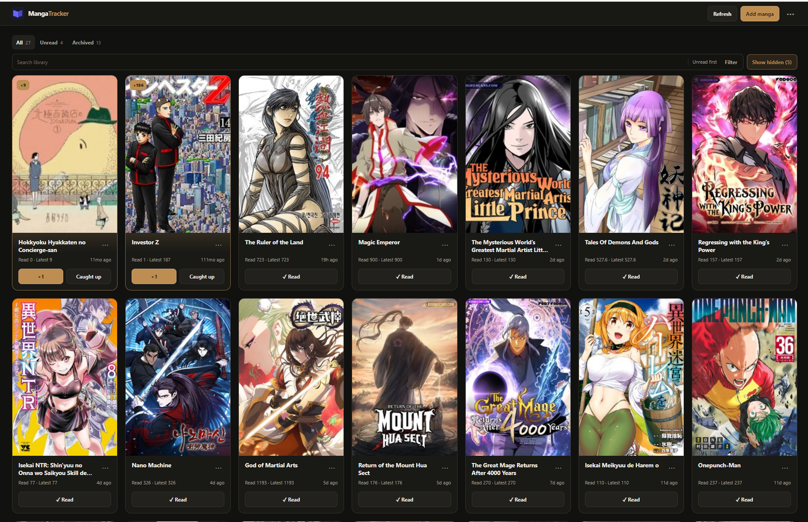 MangaPing dashboard showing a personal manga library, reading progress, and read actions